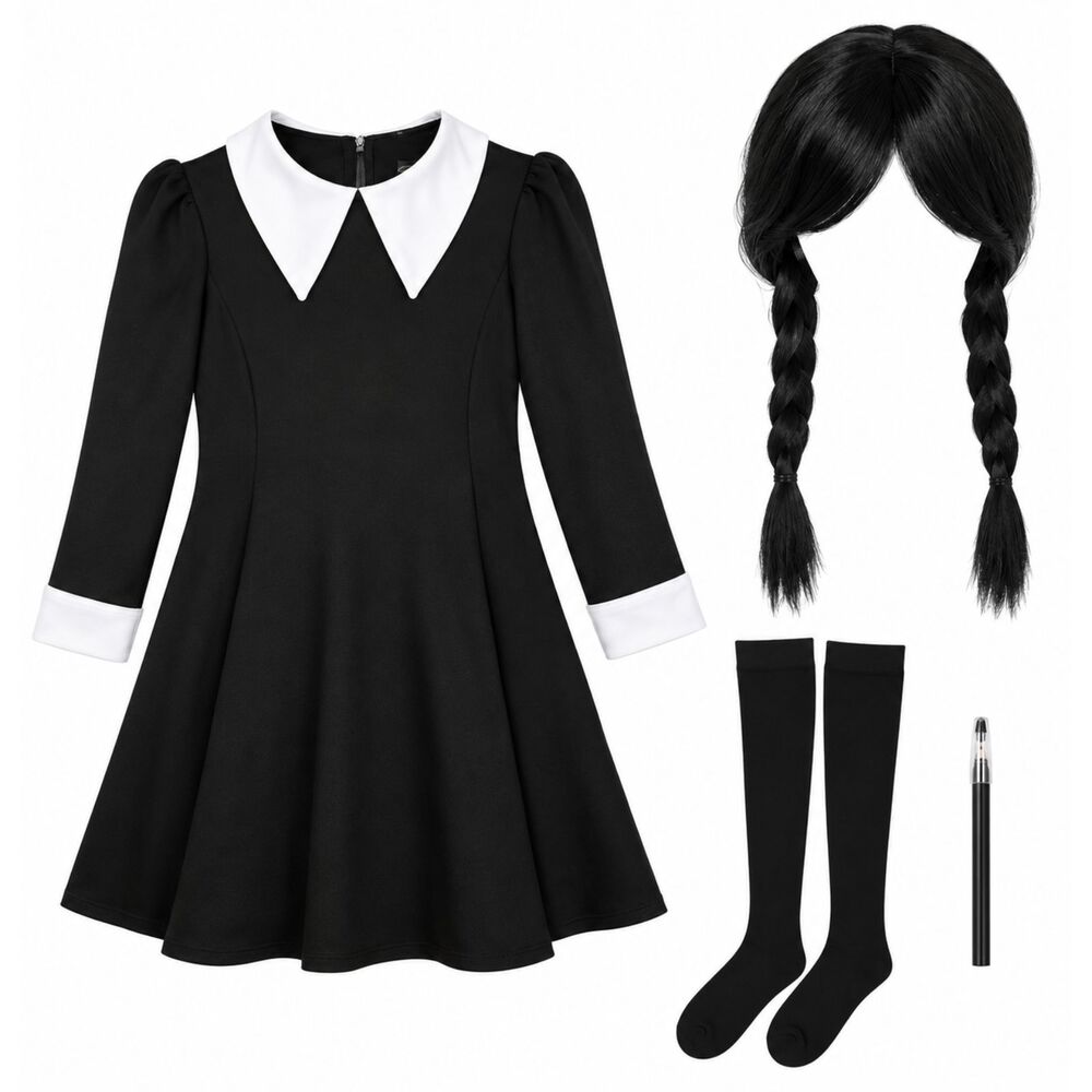 Girls Wednesday Addams Halloween Cosplay Costume Wig Tights Set Size 10-12
